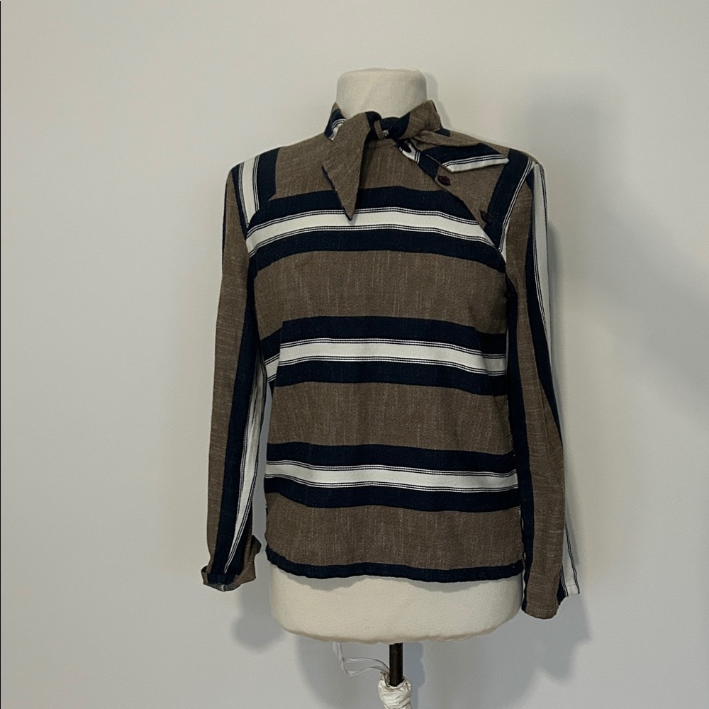 Striped Brown and Navy Blouse with Neck Tie